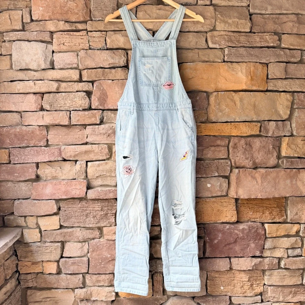 The Children's Place Girls 14 Denim Overall Distressed Patches Light Embroidered